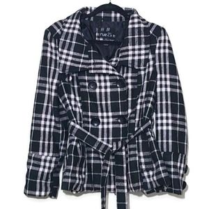 Rue21 Black & White Plaid Belted Peacoat Double Breasted Size XL